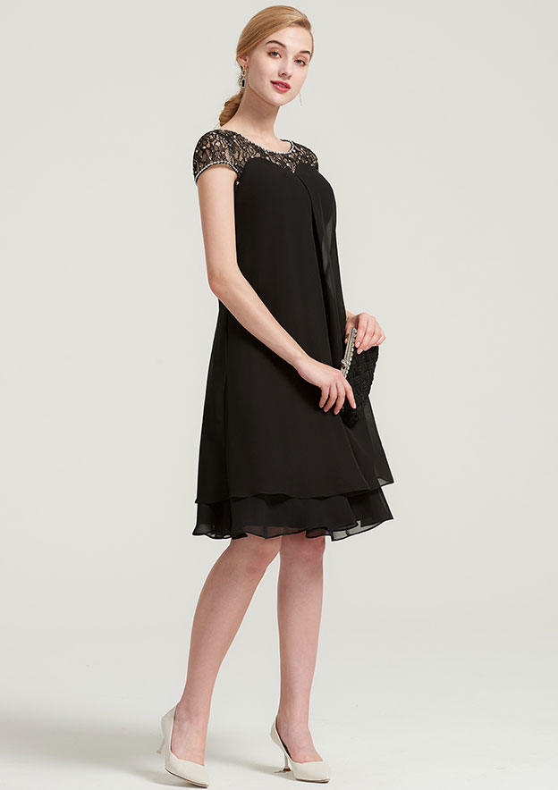 Black Jewel Neckline Short Sleeves Short Ruffle Bridesmaid Dress