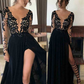 Black Lace Full Sleeves Long Slit Prom Dress