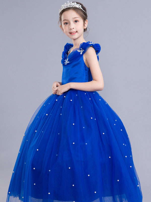 Blue Beaded Jewel Neck Sleeveless Kid's Party Dress