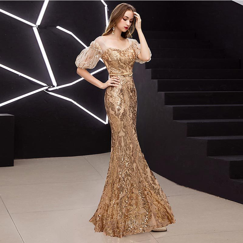 Golden Short Puff Sleeves Evening Dress