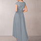 Light Gray Chiffon Jewel Neck Short Sleeves Lace Embroidered Bridesmaid Dress