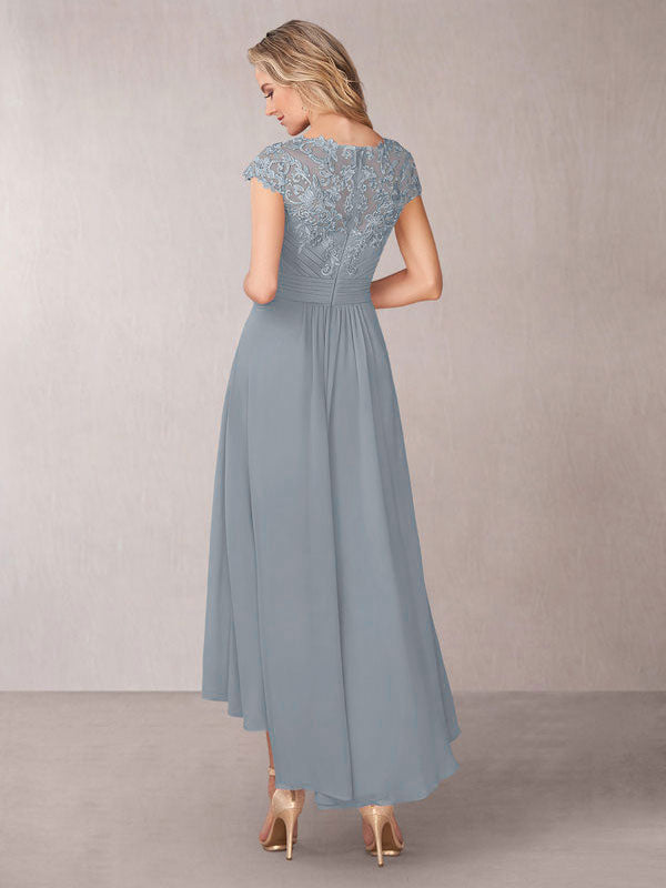 Light Gray Chiffon Jewel Neck Short Sleeves Lace Embroidered Bridesmaid Dress