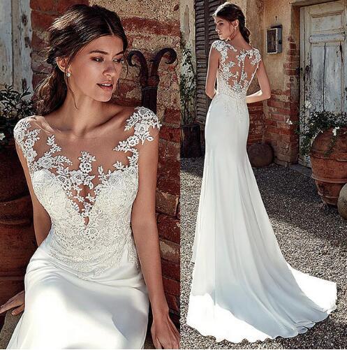 White Lace Illusion Neckline Sleeveless Mermaid Wedding Dress