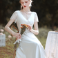 White V-Neck Short Sleeves Wedding Dress