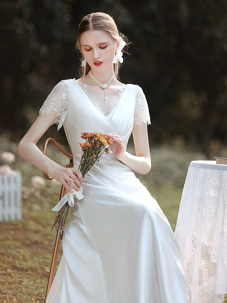 White V-Neck Short Sleeves Wedding Dress