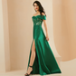 Green Embroidered Off-Shoulder Evening Slit Dress