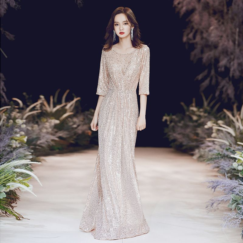 Round Neck Sequin Long Evening Dress