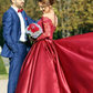 Crimson Lace V Neck Long Sleeves Brush Train Prom Dress