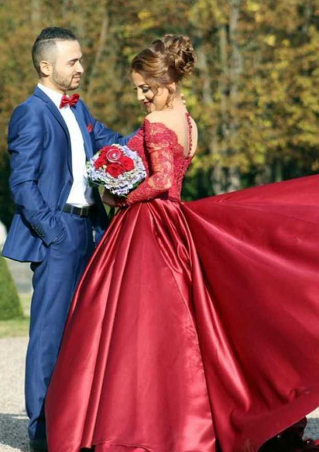 Crimson Lace V Neck Long Sleeves Brush Train Prom Dress