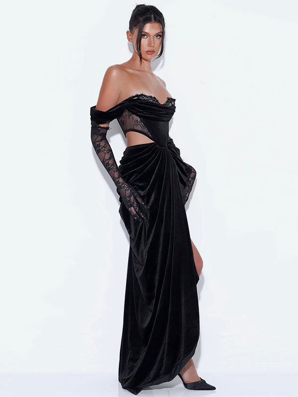 Off-Shoulder Cut Out Waist High Slit Prom Dress