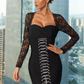 Black Square Neck Lace Long Sleeves Evening Dress