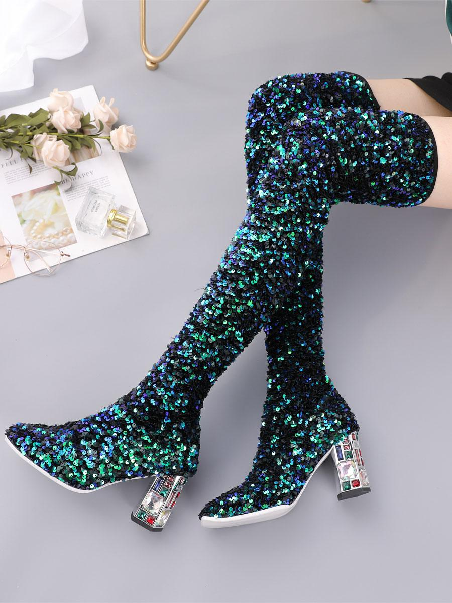 Chic Square Toe Sequined Over-The-Knee Winter Boots