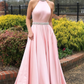 Pink Halter Neck Backless Sleeveless Evening Dress