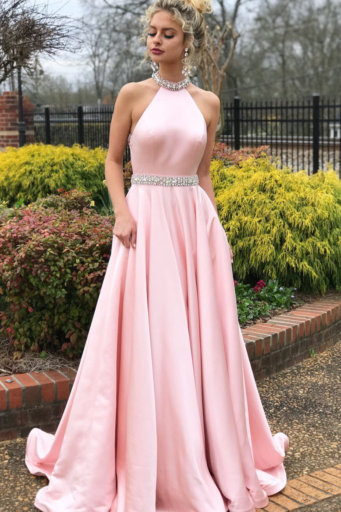 Pink Halter Neck Backless Sleeveless Evening Dress