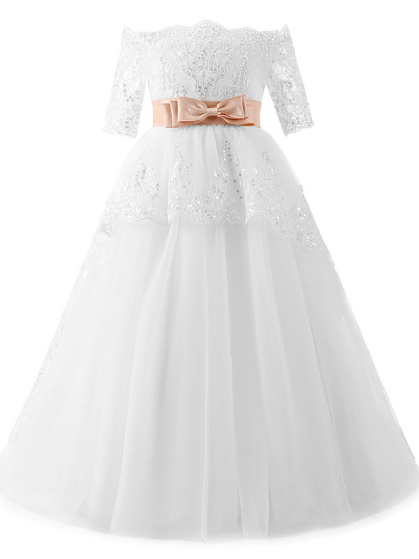 White Lace Off-Shoulder Short Sleeves Kids Wedding Dress