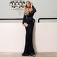 Blue Sequin Off-Shoulder Long Sleeves Evening Dress