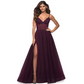 Deep V Neck Sleeveless Pleated Long Evening Slit Dress