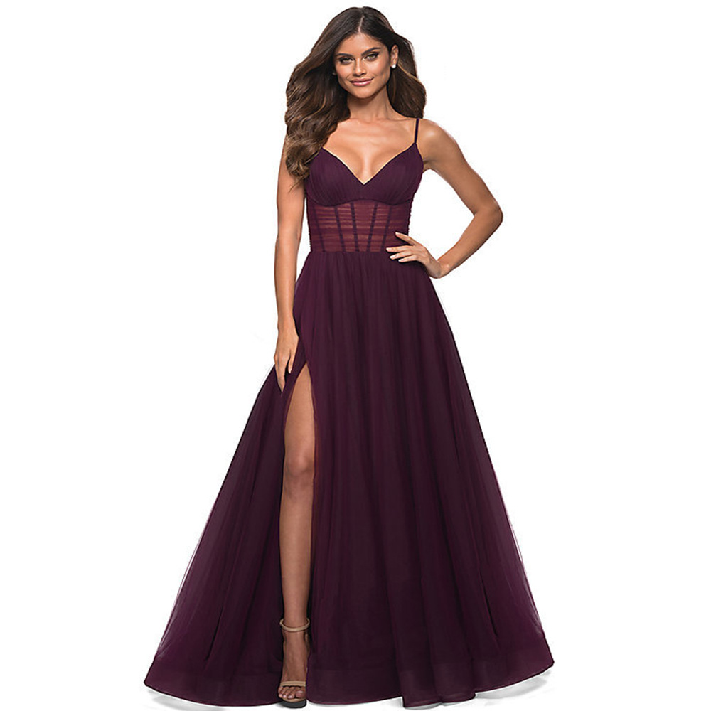 Deep V Neck Sleeveless Pleated Long Evening Slit Dress