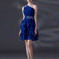 Navy Beaded Oblique Shoulder Sleeveless Ruffle Prom Dress