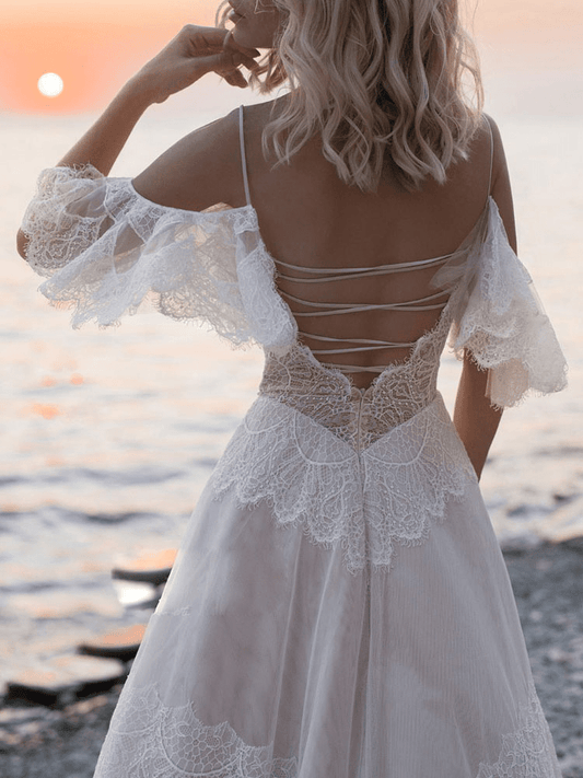 A-Line Lace Deep V Neck Off-Shoulder Sweep Train Wedding Dress