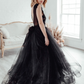 Black A-Line Lace Applique Backless Sleeveless Wedding Dress