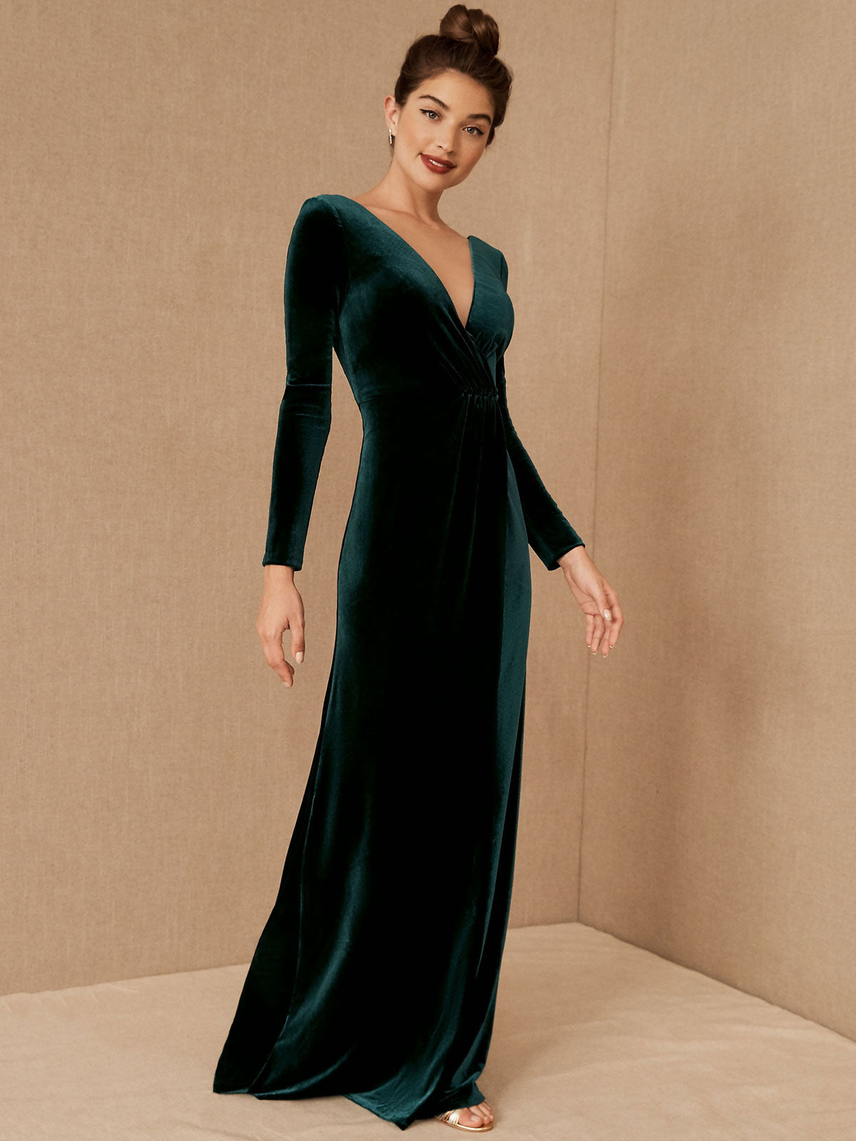 V-Neck Long Sleeve Velour Floor-Length Formal Evening Dress