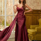 Dark Red Satin Sequin One-Shoulder Sleeveless Split Evening Dress