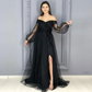 Black Mesh Long Puff Sleeves Long Evening Slit Dress