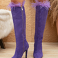 Pointed Toe High Heel Boots with Feather Detail