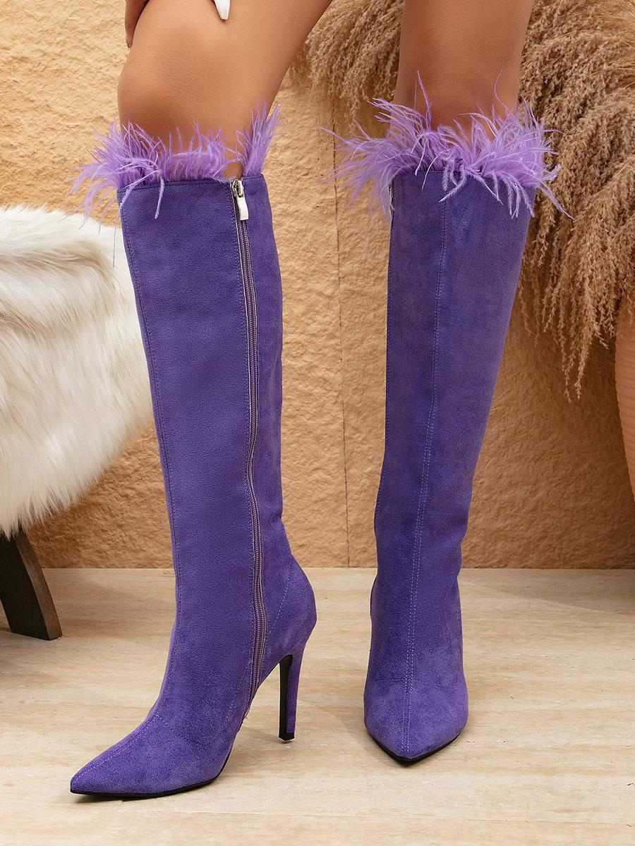 Pointed Toe High Heel Boots with Feather Detail