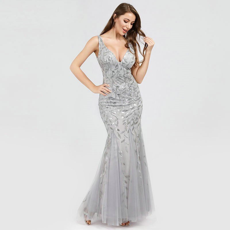 Sequin Deep V Neck Sleeveless Mermaid Evening Dress