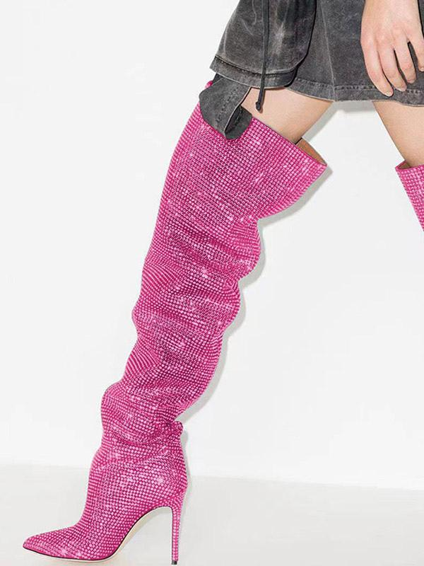 Rhinestone-Embellished Over-The-Knee Boots