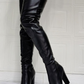 Black PU Leather Sky-High Chunky Heel Thigh-High Boots