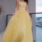 Yellow Embroidered Sleeveless Long Evening Dress