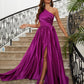 Purple Satin Princess Ruffles One-Shoulder Split Evening Dress