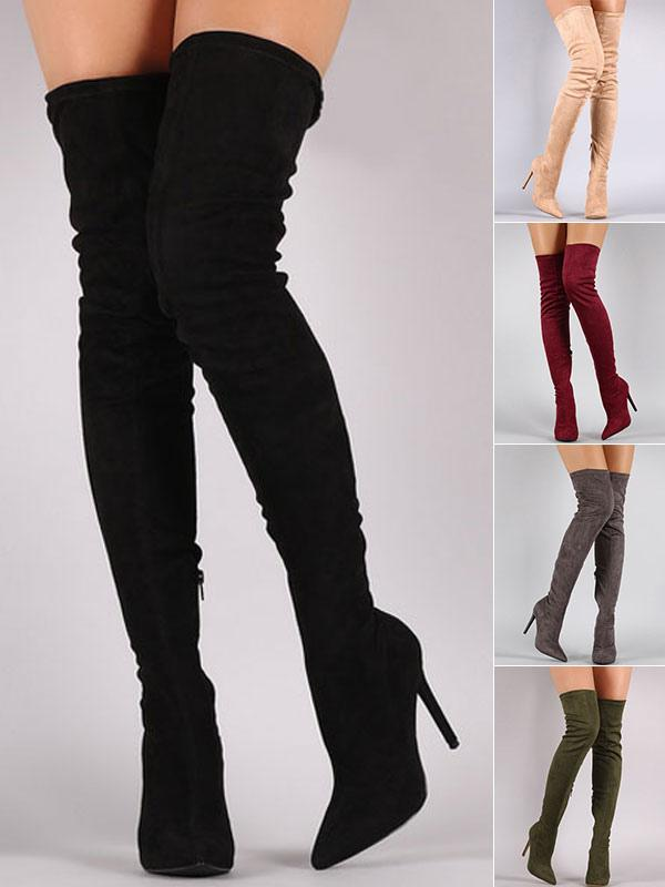 Sleek Pointed Toe Thigh-High Suede Boots