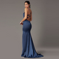 Navy Deep V Neck Fishtail Long Evening Slit Dress