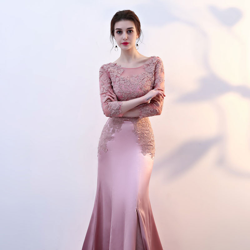 Pink Lace Embroidered Fishtail Evening Dress