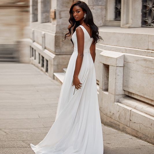 White Deep V Neck Sleeveless Long Evening Slit Dress