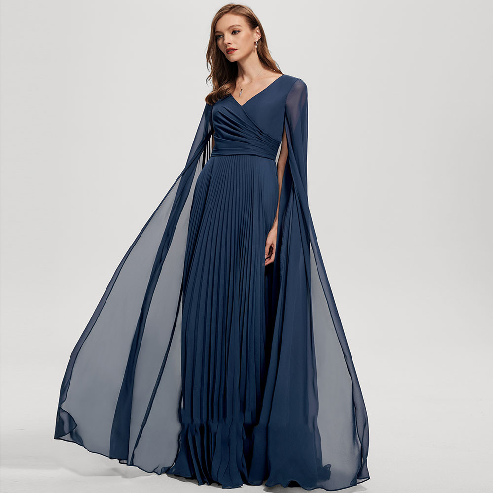 Navy V Neck Long Sleeves Long Evening Dress