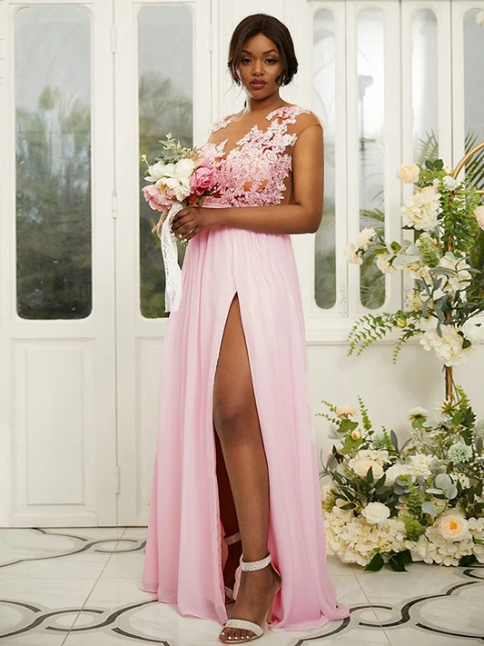 Lace Embroidered Sleeveless Maxi Bridesmaid Slit Dress