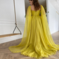 Yellow Long Sleeves Evening Slit Dress