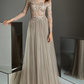 Champagne Long Sleeves Lace Detailing Applique Evening Dress