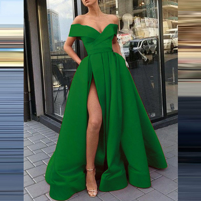 Satin Off-Shoulder Sleeveless Long Evening Slit Dress