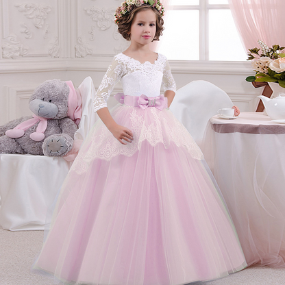 Mesh Lace Embroidered Long Sleeves Kids Wedding Dress