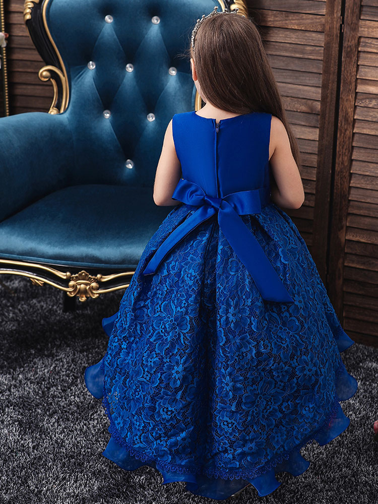 Blue Lace Jewel Neck Sleeveless Tail Kids Party Dress