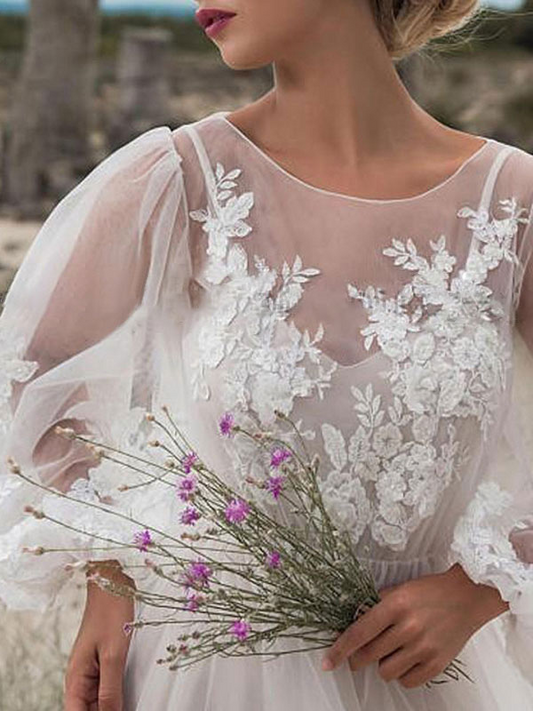 Ivory A-Line Lace Applique Jewel Neck Long Puff Sleeves Wedding Dress