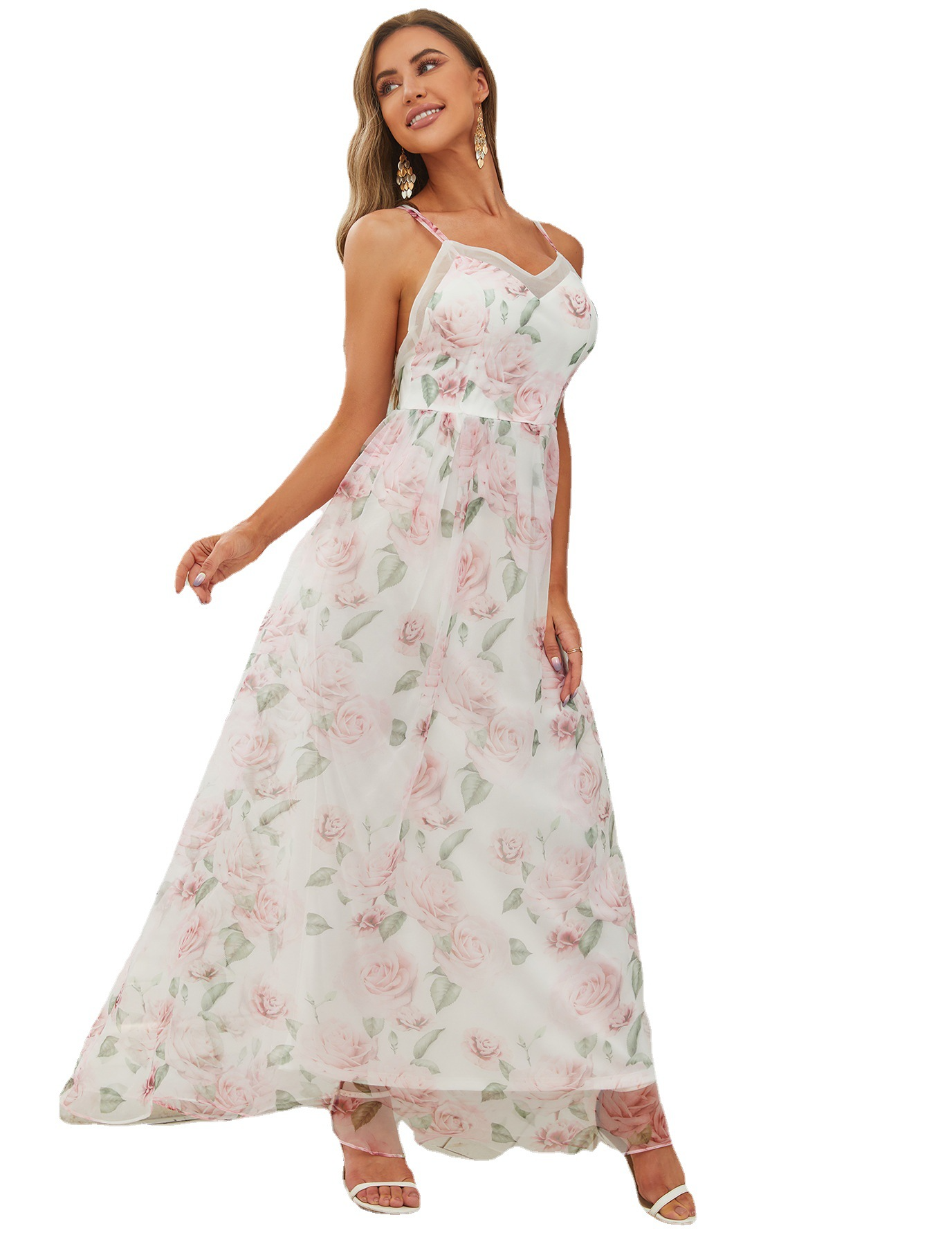 Floral Printed Backless Boho Bridesmaid Dress