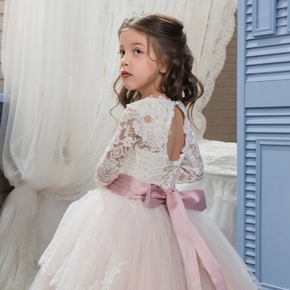 Cornsilk Lace Embroidered Long Sleeves Kids Wedding Dress