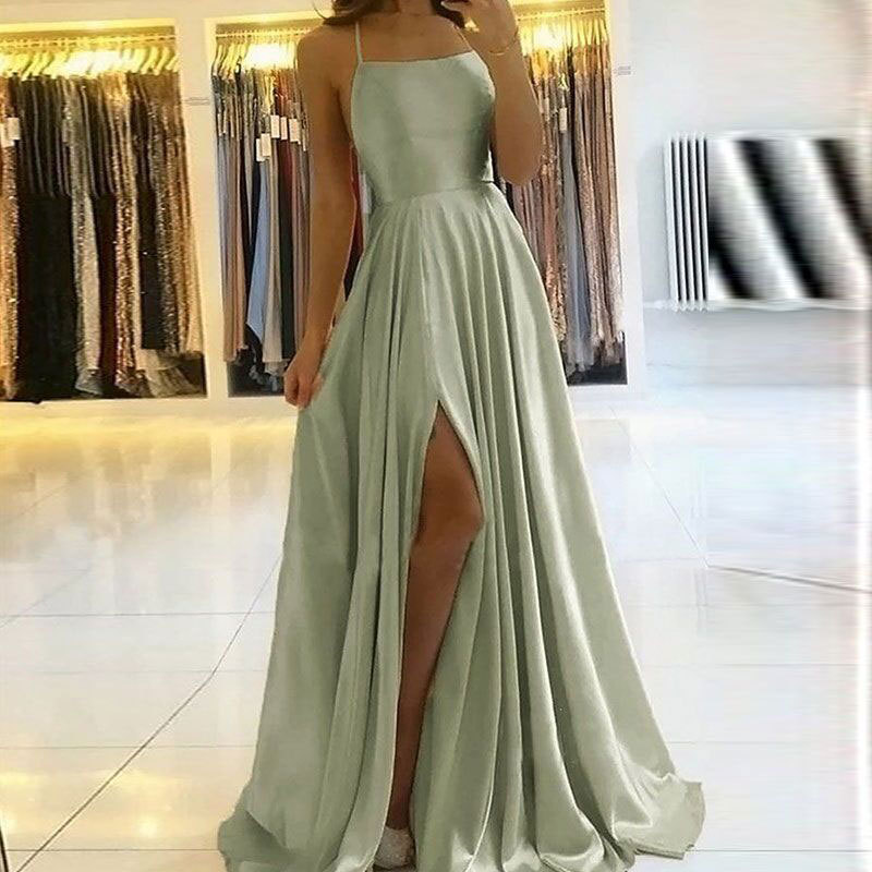 Spaghetti Strap Sleeveless Long Slit Bridesmaid Dress